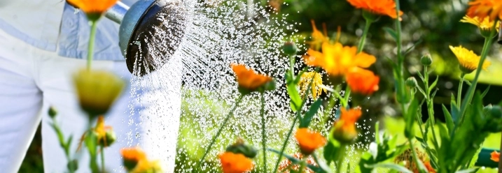 Person gießt Blumen mit Gießkanne.